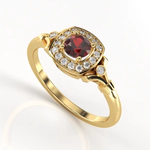 Pierścionek zaręczynowy z żółtego złota z rubinem i brylantami ID 406