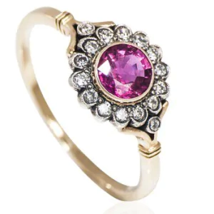 Pierścionek zaręczynowy z żółtego złota z rubinem i brylantami ID 356