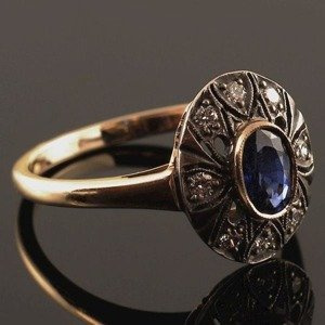 Nietuzinkowy złoty pierścionek z szafirem i brylantami, srebrna oprawa ID 339