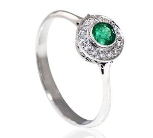 Delikatny pierścionek zaręczynowy z białego złota z okrągłym szmaragdem ID 378